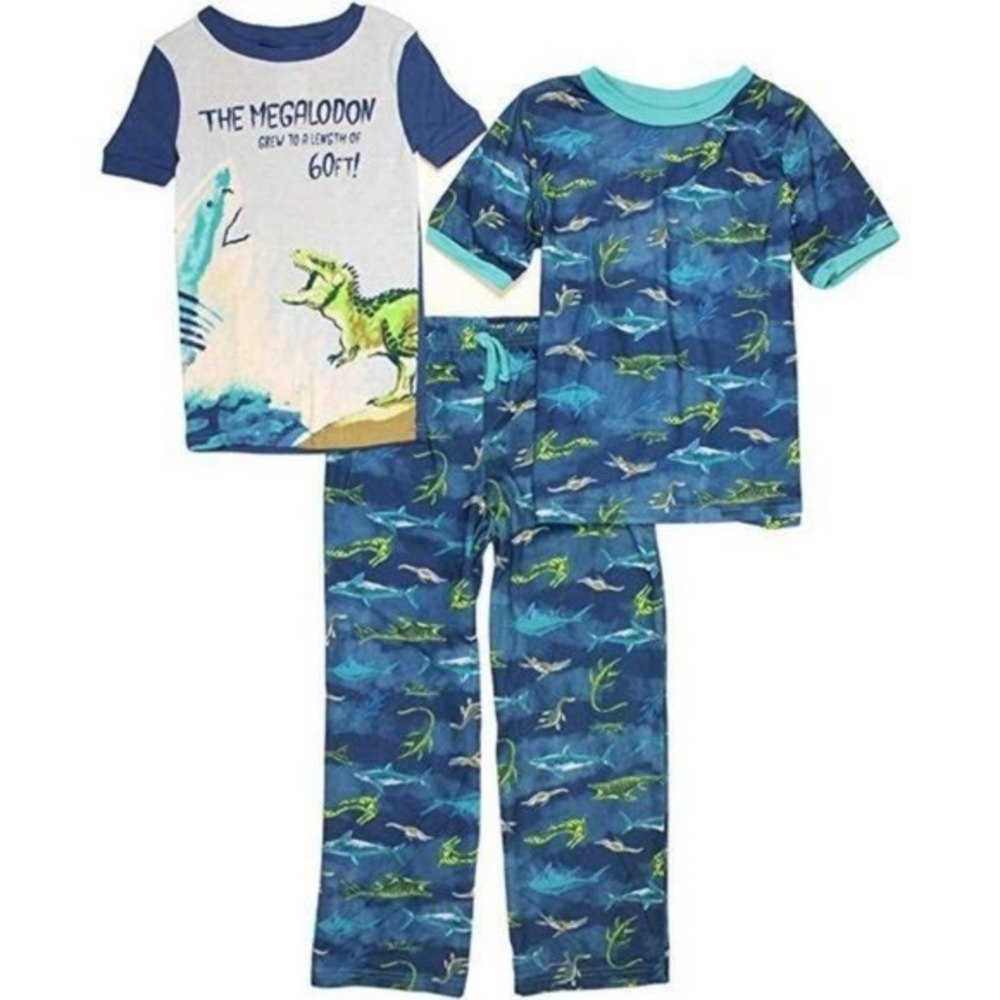BedHead Pajamas PJs Boys' 3 Piece Set Sharks Dinosaurs  Megalodon 12